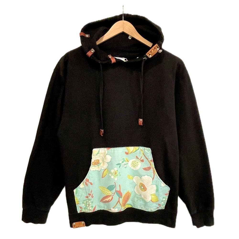Local Knits Floral Mixed Fleece Pullover Hoodie Mens Size Small Leather Trim